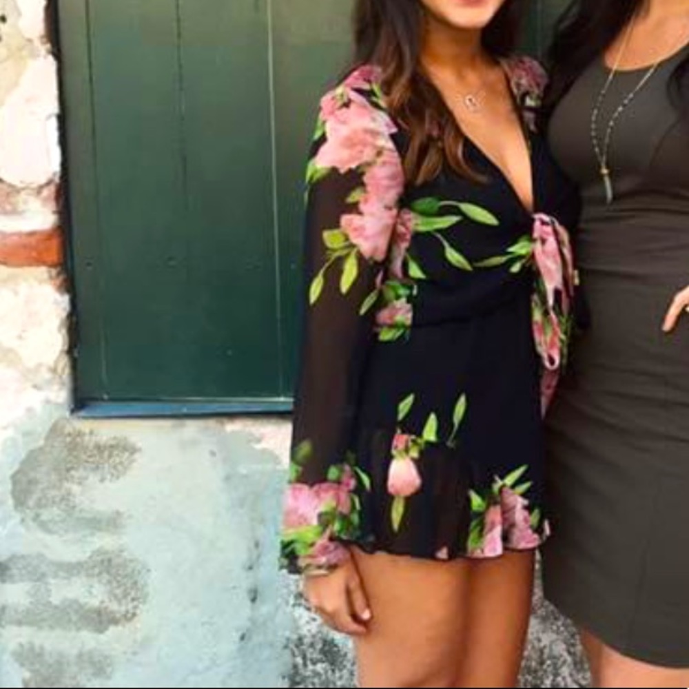 Black Tie Front Floral Romper